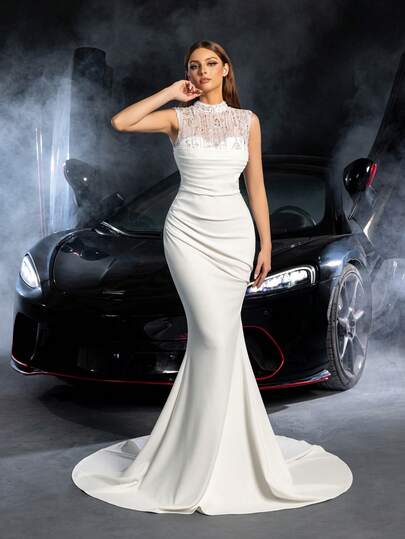 Faeriesty Elegant High Collar Mermaid Wedding Dress With Beaded Floral Patterns, Floor-Length Gown - Perfect For Outdoor Weddings, Luxury Banquet Halls, And Charming Beach Ceremonies.