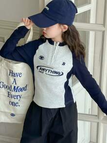 Camiseta para niñas, estilo deportivo casual con diseño de manga raglán y bordado de letras, para niñas/adolescentes de 8 a 12 años - Gris - Ver 3