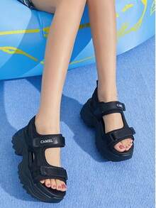 CAMEL CROWN 女士凉鞋，夏季运动老爹凉鞋，厚底增高休闲钩环沙滩鞋 - 黑色 - 查看 2