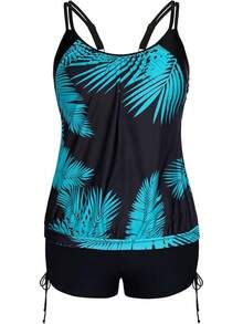 Womens Plus Size Striped Printed Strappy Tankini Top With Shorts Two Pieces Swimsuit - Blue Leaves2 - View 1