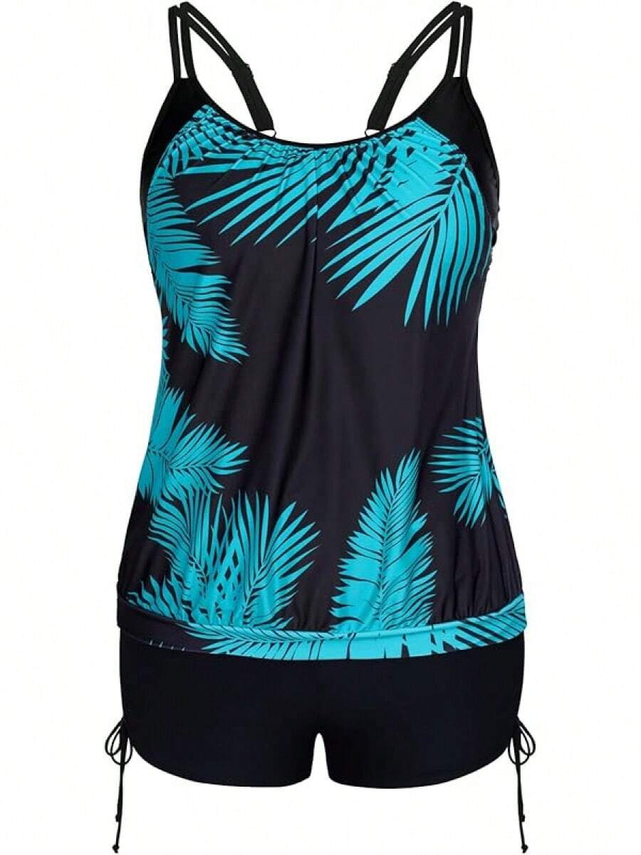 Womens Plus Size Striped Printed Strappy Tankini Top With Shorts Two Pieces Swimsuit - Blue Leaves2 - View 1