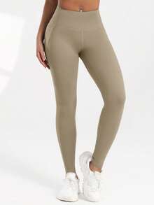 Women's Solid Color High Waisted Outdoor Sports Pockets Leggings - Khaki - View 5