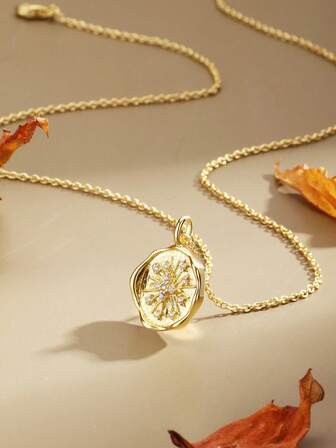 Charm-In 18K Gold Plated Brass Round Disc Zirconia Inlaid Necklace Pendant, Fashionable & Versatile, Ideal Gift For Valentine's Day