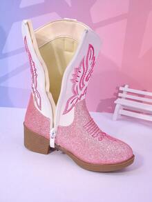 女童高筒靴、中筒靴、刺绣高跟鞋、西部牛仔靴、尖头拉链设计 - 粉色 - 查看 9