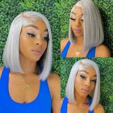 Silver Grey Lace Front Short Bob Wig Grey Straight 13x4 Lace Transparent Front Wigs Human Hair For Black Women - Xám - Xem 3