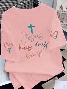 Jesus Is Behind Me (Jesus Supports Me) Religious Faith Christian Themed Graphic Print Women Crew Neck T-Shirt