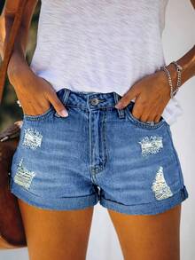 Women's Denim Ripped Shorts, Mid-Rise Elastic Summer Slim Fit Trouser Legs Rolled-Up Shorts Jorts, Solid Color Versatile Fashion Casual, Elegant For Daily Commuting Jean Shorts, Brushed Design Shorts For Women. - Rửa trung bình - Xem 4