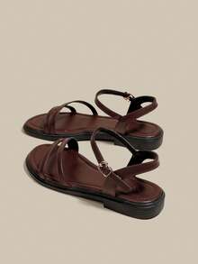 Women's Brown Coffee Flat Peep Toe Strap Sandals, Minimalist Slim Straps Soft Sole Beach Flip Flops, Summer