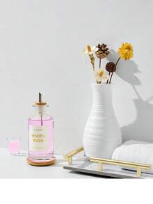 11.80Z Glass Mouthwash Dispenser ForBathroom With Stainless Steel & BambooNozzle, Mouthwash Cup Reusable, BambooTray, And Elegant Gold Sticker.(Clear - Multicolor - View 9