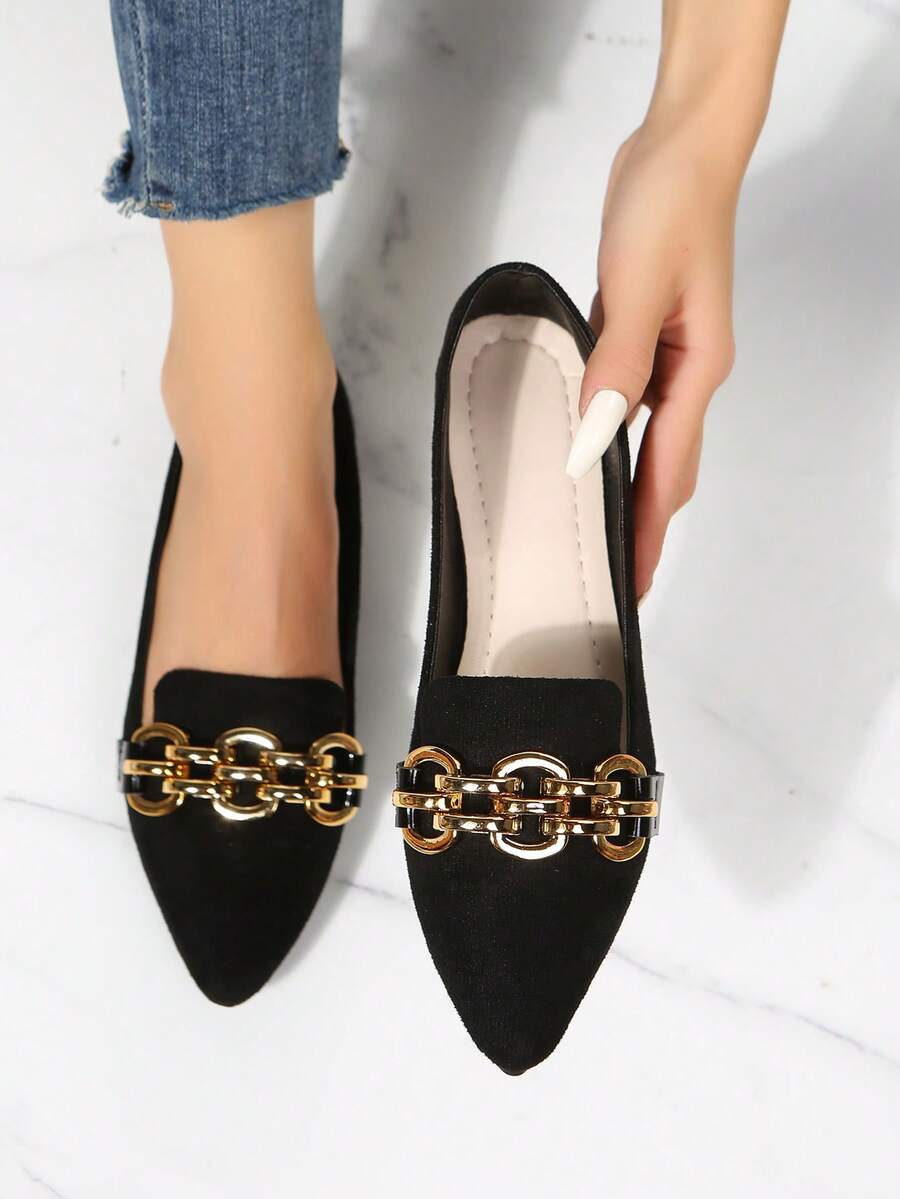 Ladies' Metal Chain Buckle Fashionable Pointed Flat Sole Single Shoes Comfortable Soft Sole One Foot Shoes Elegant Style Spring And Summer Daily Wear Black Ballet Flat Shoes Suitable For Commuting And Office Black Shoes - màu đen - Xem 1