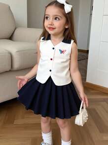 2pcs Girls Patriotic Outfit Set 2025 American Flag & Butterfly Tank Top With Pleated Skirt, Toddler Summer Clothes (Age 2-3,4-5,6-7Y)
