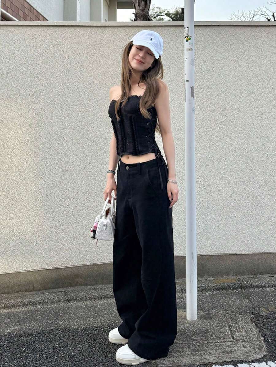 女式水洗阔腿裤，宽松休闲时尚百搭高腰飘逸垂坠长裤 - 黑色 - 查看 1