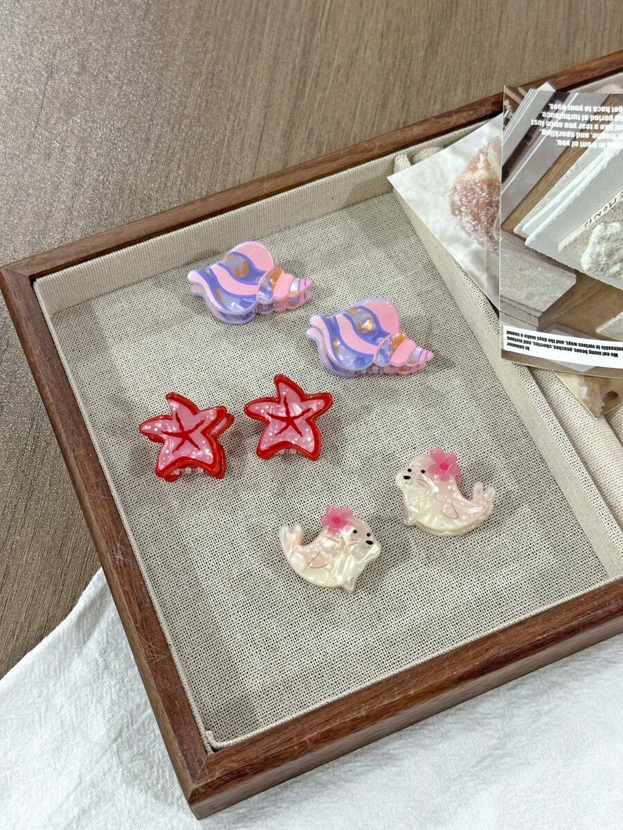 6个可爱海洋系列迷你发夹，适合女性通勤刘海装饰侧夹，适合作为生日和节日礼物，时尚发饰，美发爪夹，可爱发爪，秋冬季度假装扮，夏季海滩风情。