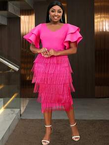 Plus Butterfly Sleeve Fringe Hem Dress Summer Elegant - Hot Pink - View 3