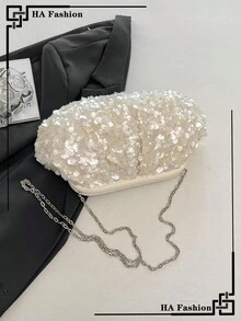 Cloud Pleated Multipurpose Sequins Party Wristlet Bag, Fashion Chain Shoulder Bag, Sequins Strap Crossbody Evening Bag - White - View 6