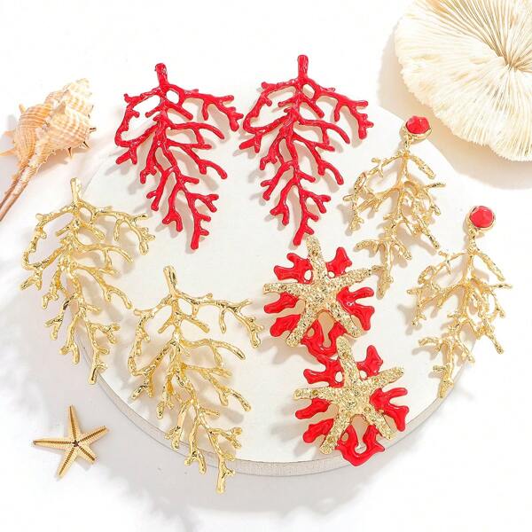 2 piezas de elegantes pendientes de rama de coral esmaltada, de diseño de rama y hoja de coral a la moda, apropiados para uso diario de mujer, vacaciones, versátiles, excelente regalo para amigos y familiares
