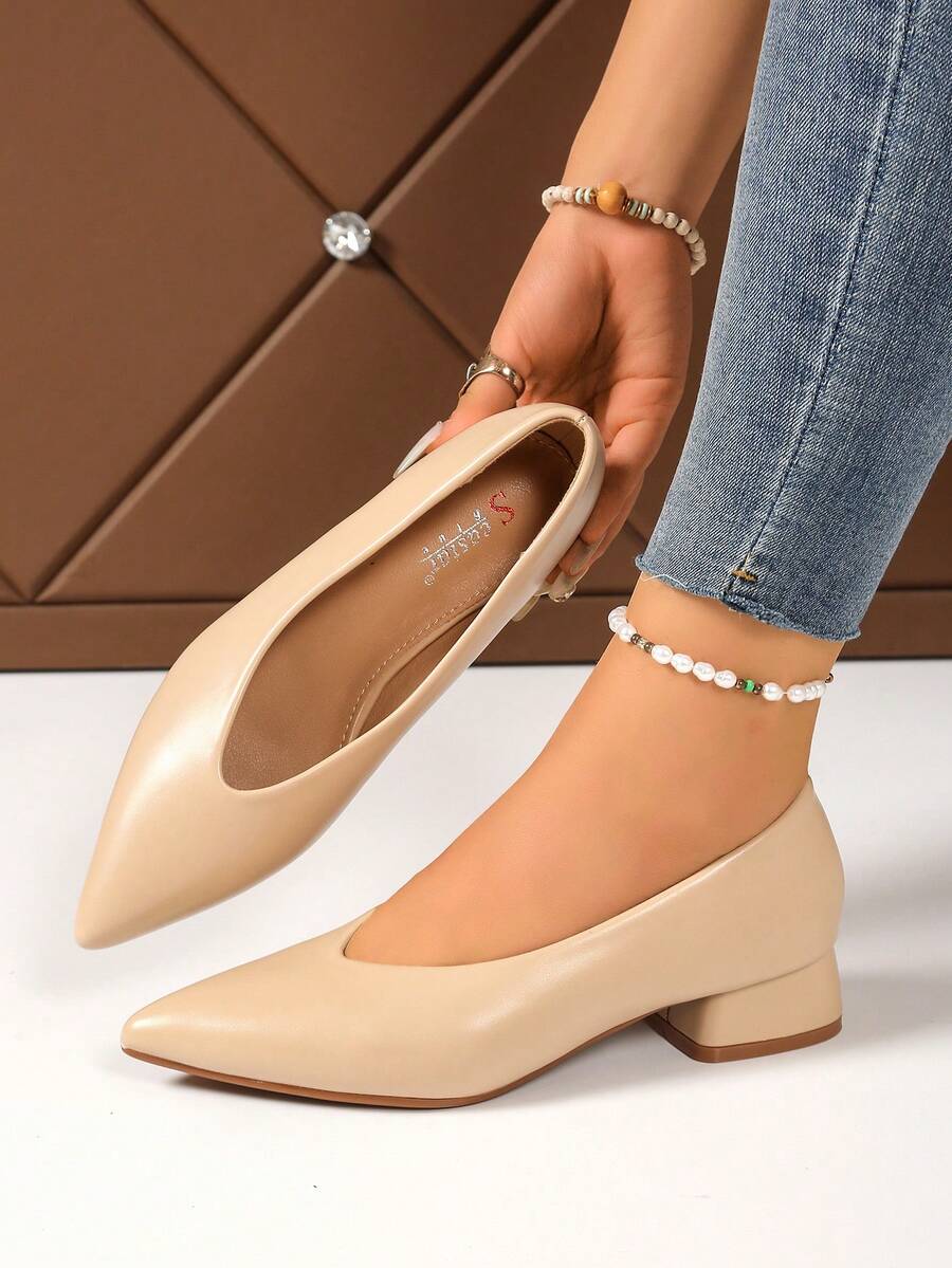 Women Plain Color Block Heeled Pumps, Elegant Basic Business Formal Office Wedding Shoes, Spring/Summer/Autumn - Beige - View 1