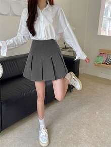 女士休闲纯色褶皱 A 字裙，可爱日常家居裙