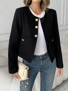 女士黑色夹克，秋季粗花呢长袖上衣，优雅圆领短外套，带口袋，适合工作和办公室的短款粗花呢西装外套 - 黑色 - 查看 6