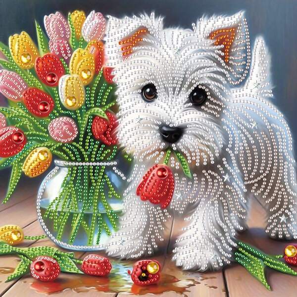 DIY Diamant Malerei Set für Erwachsene, 5D Spezialform Kristall Strass Diamant Malerei Set für Anfänger, für Heimwanddekoration Geschenk 30x30cm, Hund und Tulpen