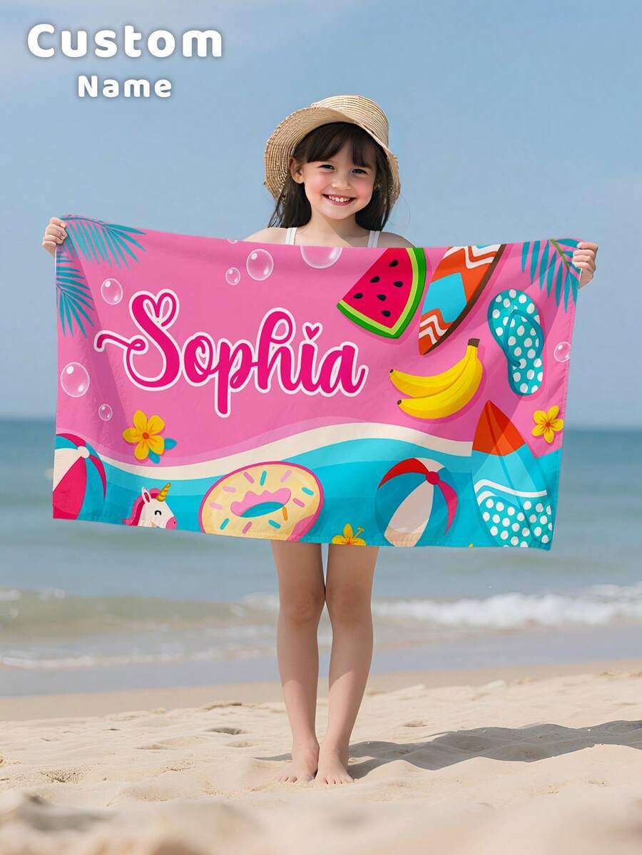 1PC Customized Name Ocean Beach Towels, Personalized Kids Beach Towel For Girls Boys, Outdoor Travel Swimming Accessories, Multiple Sizes Available - Style 1 - View 1