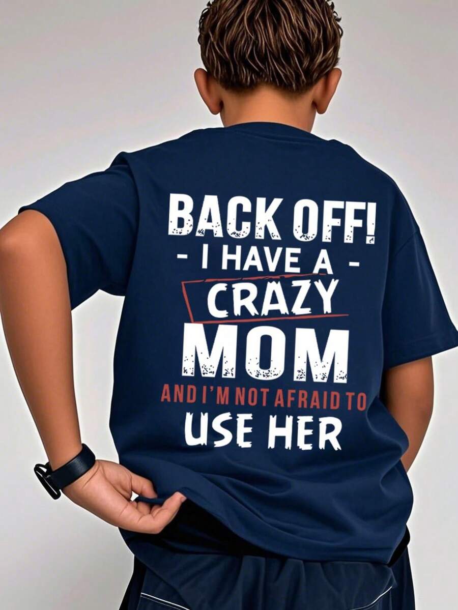 青少年男孩休闲趣味图案印花圆领短袖 T 恤，夏季上衣 - 藏蓝色 - 查看 1