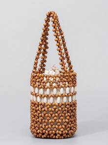 ENSPT Einteiliges Farbblockdesign Perlen Cut Out Ahornholz Material Damen Handtasche mit Kordelzugverschluss und abnehmbarer Innentasche, Eimer Tasche für Damen Strandurlaub und Reisen.