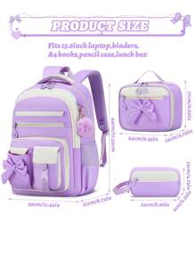 3PCS Girls School Backpack Set With Bowknot, Lunch Box Bag & Pencil Case, Lightweight Multi-Pocket Student Bookbag, Fits 15.6 Inch Laptop, Travel Backpack, Back To School Essential, Ideal Birthday Gift 