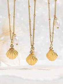 1pc Fashionable Luxurious Stainless Steel Shell & Pearl Necklace For Women, Rhinestone Decorated Pendant Freshwater Pearl Splice Neck Chain, Suitable For Daily, Date, Beach Vacation Wearing