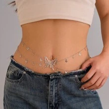 1 pièce Chaîne de taille à double couche avec pendentif papillon sexy à franges pour femmes, style de rue avec chaîne de corps en métal