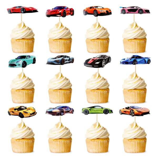 Decorações de Toppers de Cupcake com Tema de Corrida de Carros para Bolos de Festa de Aniversário com Tema de Corrida Esportiva, Decorações de Toppers de Cupcake de Corrida de Carros Esportivos