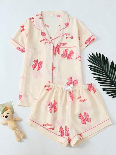 Conjunto de pijama corto con mangas cortas, estampado de moños, arrugado y con efecto globo para mujeres
