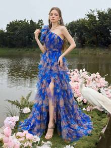 Faeriesty 奢华优雅的长款薄纱礼服，采用单肩设计和多层花卉荷叶边 - 引人注目的落地拖裙，适合奢华的晚间庆典 - 寶藍色 - 查看 8