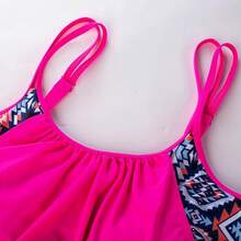 Tankini de talla grande para mujer con parte superior estampada a rayas y tirantes, con shorts, conjunto de dos piezas de traje de baño - Rosa - Ver 4
