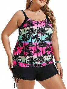 Womens Plus Size Striped Printed Strappy Tankini Top With Shorts Two Pieces Swimsuit - Rainbow Coconut Tree - View 4