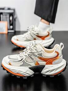 Men's Sneakers 2025 Summer New Thick-Sole Non-Slip Wear-Resistant Low-Top Round-Toe Lace-Up Men's Chunky Sneakers Gradient Outsole Fashionable Versatile Soft Comfortable Men's Running Shoes Leather And Mesh Combination Suitable For Outdoor, Daily Commute, Casual Wear, Young Men