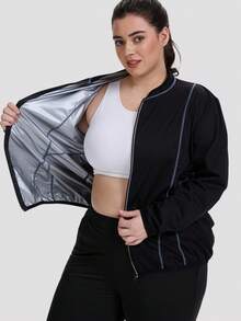 1PC Plus Size Women's Sauna Suit Weight Loss Long Sleeve Zipper Exercise Jacket Gym Sweatshirt - 黑色 - 查看 3