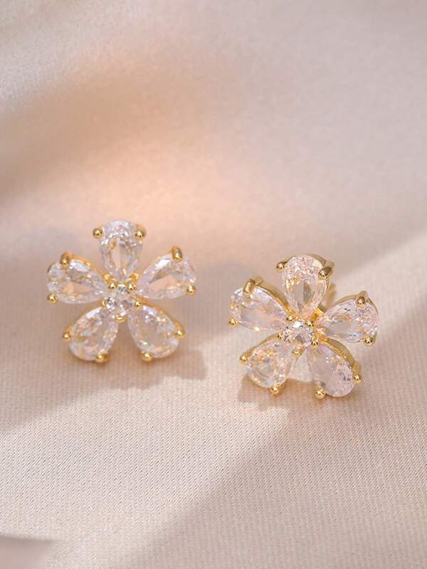 2pcs Flower Zirconia Earrings Teens Girls Gold Plated Stud Earrings Birthday Holiday Jewelry Gift For Daughter Friendship Mother