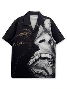 1 件花卉印花休闲男士沙滩衬衫，独特的 Y2K 轮廓图案，夏威夷风格，春夏 - 黑色 - 查看 1