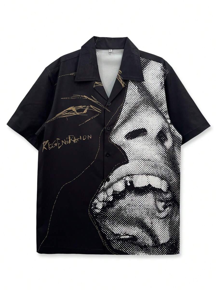 1 件花卉印花休闲男士沙滩衬衫，独特的 Y2K 轮廓图案，夏威夷风格，春夏 - 黑色 - 查看 1