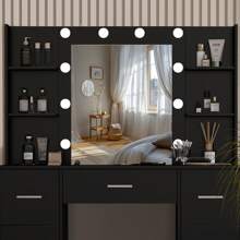 Large Vanity Desk With Lighted Mirror & Drawer Dressing Table LED Lights - Black Dressing Table Set With Drawers And Open Shelves