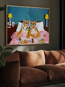 1幅复古趣味极繁主义老虎墙画，多巴胺动物之爱帆布海报，幽默老虎吃披萨图案油画；粉色兔子拖鞋墙画，条纹睡衣帆布海报，极简主义美学海报；卧室装饰 - 彩色 - 查看 8