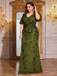 hezixi Plus Size Women High-Quality Stretch Sequin Fitted V-Neck Lantern Sleeve Elegant Formal Cocktail Party Evening Gown Dress, Luxurious Design