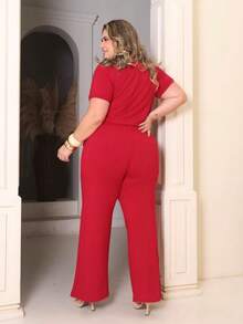 Women's Plus Size Set Of Sweatpants And Short-Sleeved Top - 紅色 - 查看 3