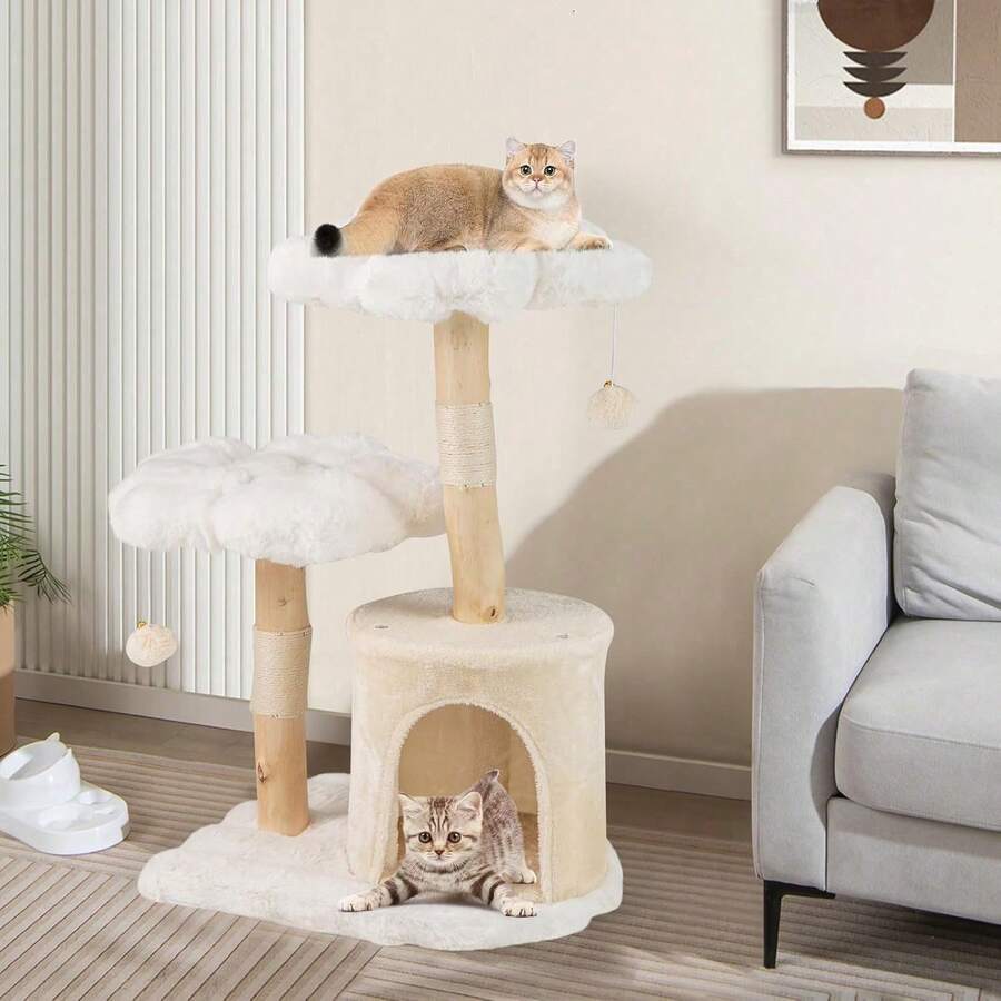 Solid Wood Cat Tree, 32 Inch Modern Flower Kitty Tower With Natural Branches, Padded Perches, Scratching Posts, Dangling Balls, Cute Cat Condo For Indoor Cats (Beige) - 1 - View 1