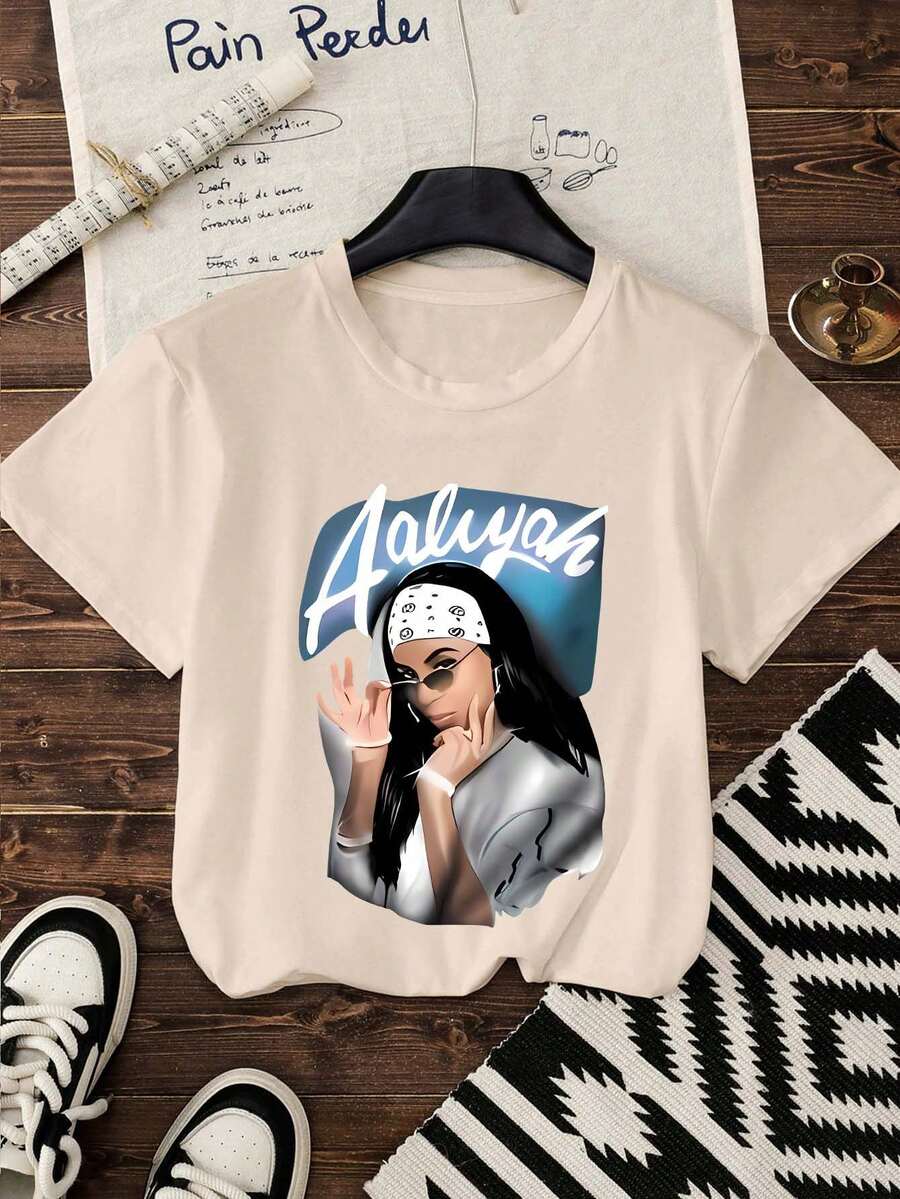 女士加大码圆领短袖T恤印花图案甜美温柔气质修身加大码夏季上衣女款图案T恤