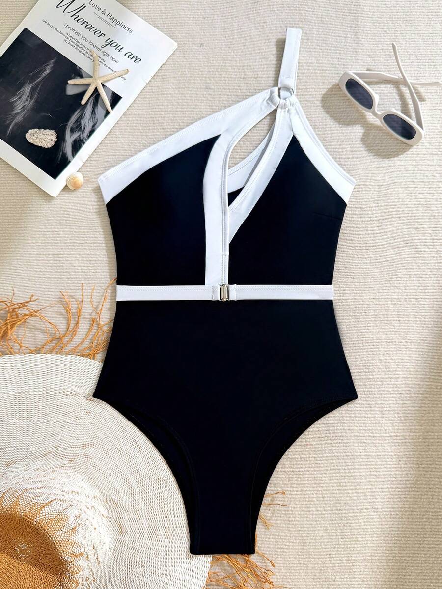 1pc Solid Color Casual Elegant Sexy Hollow-Out Knit Fabric Open Ring Buckle Vacation Beach Travel Sports & Fitness Dress, Suitable For All Seasons