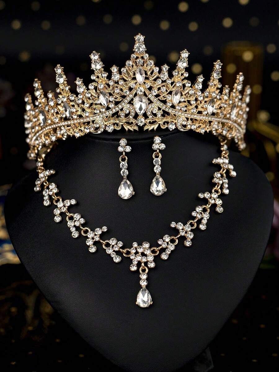 4pcs/Set Girls Children Rhinestone Alloy Crown Necklace Earrings Jewelry Set, Holiday Decoration Accessories, Suitable For Performing, Birthday Party, Suitable For Older Kids And Toddlers