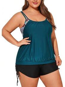 Womens Plus Size Striped Printed Strappy Tankini Top With Shorts Two Pieces Swimsuit - Cyan-blue - View 1