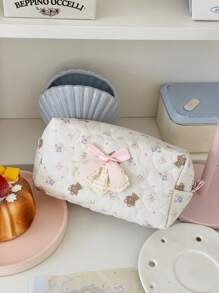 Bolsa de maquillaje de tela suave con encaje en forma de lazo, estilo lindo y dulce, gran capacidad, bolsa de lavado portátil para viajes, bolso versátil desmontable para damas